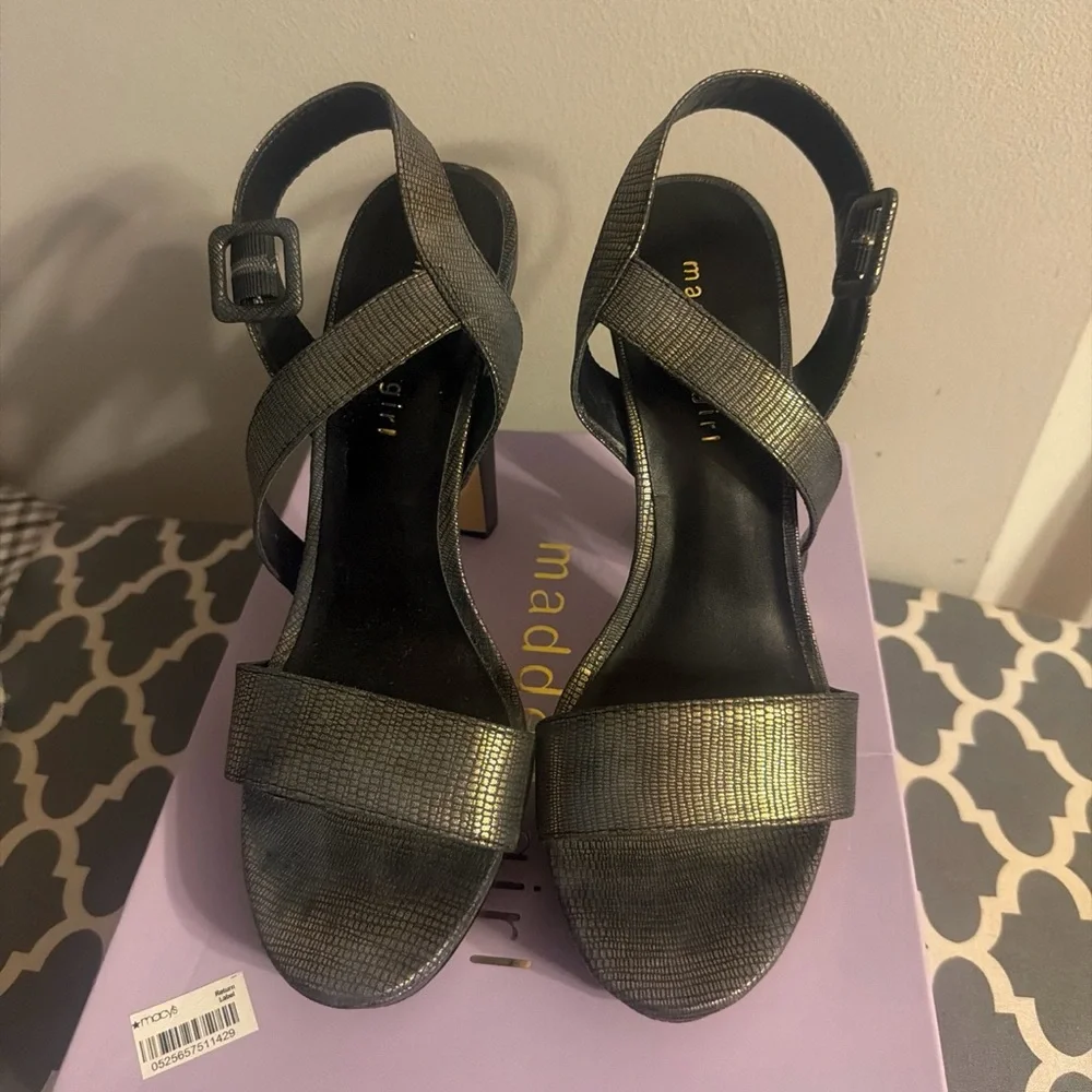 Madeline Metallic Gunmetal Crisscross Heeled Sandals